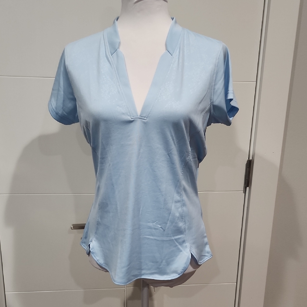 Pebble Beach Blue Fitted Short Sleeve Mandarin Collar Blouse